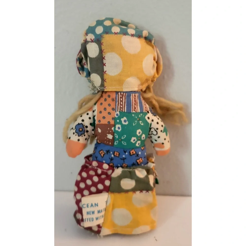 Vintage Ocean Toys cloth girl Rag Doll Yarn Hair Multicolor Patchwork Dress 6.5